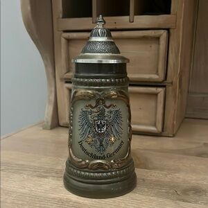 German Beer Stein with Crest Deutschland Germany Pewter Lid Schnapps Souvenir